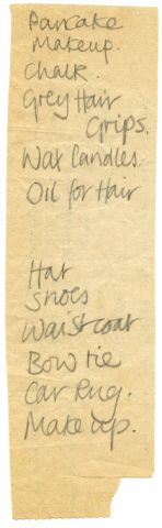Eliza Massey’s shopping list for items to disguise Robert as an old man for the ‘Harry & Billy’ lecture